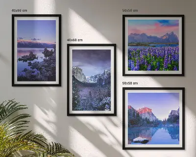 Composição de quadros com paisagens de montanhas, água e campo de flores