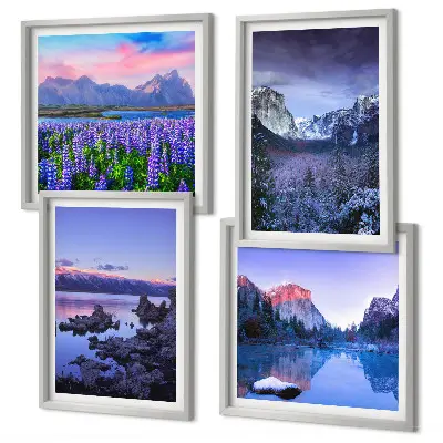 Composição de quadros com paisagens de montanhas, água e campo de flores