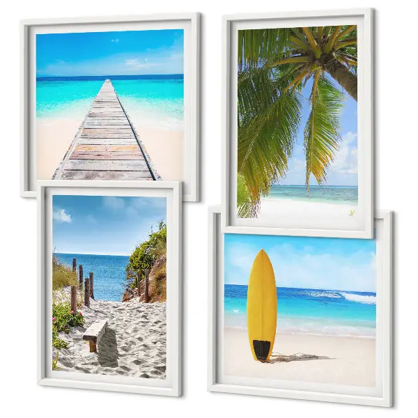 Conjunto de 4 quadros com moldura com estampa de vista de férias, praia e palmeiras