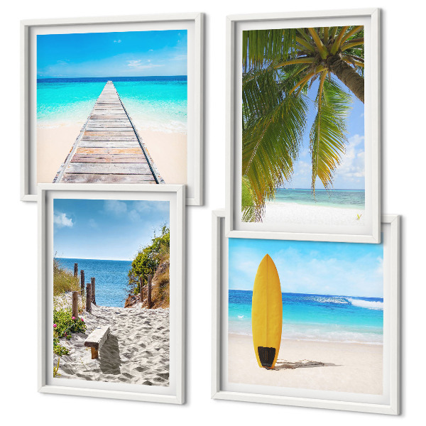 Conjunto de 4 quadros com moldura Vista de férias, praia, palmeiras