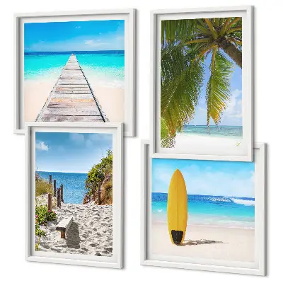 Conjunto de 4 quadros com moldura com estampa de vista de férias, praia e palmeiras
