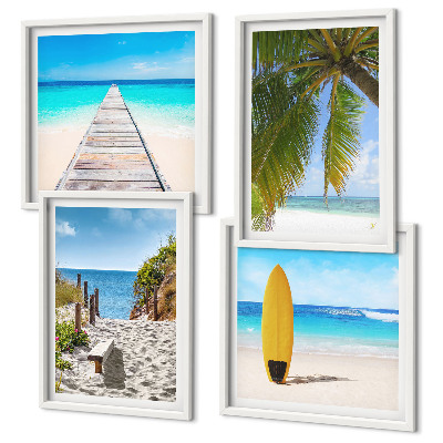 Conjunto de 4 quadros com moldura Vista de férias, praia, palmeiras