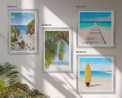 Conjunto de 4 quadros com moldura Vista de férias, praia, palmeiras