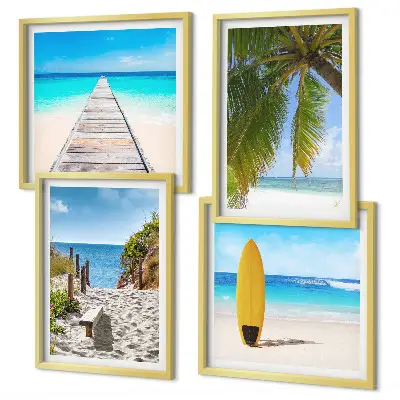 Conjunto de 4 quadros com moldura com estampa de vista de férias, praia e palmeiras