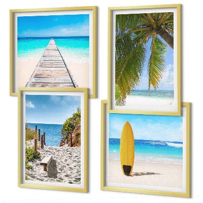 Conjunto de 4 quadros com moldura Vista de férias, praia, palmeiras