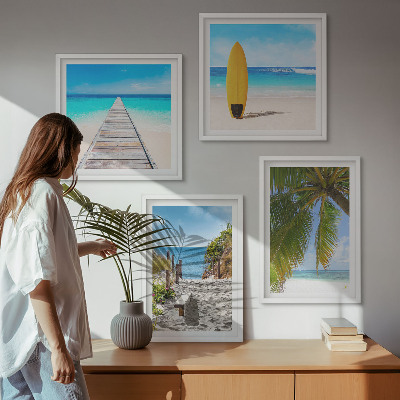 Conjunto de 4 quadros com moldura Vista de férias, praia, palmeiras