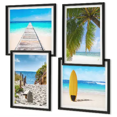 Conjunto de 4 quadros com moldura com estampa de vista de férias, praia e palmeiras