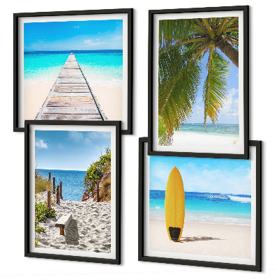 Conjunto de 4 quadros com moldura Vista de férias, praia, palmeiras