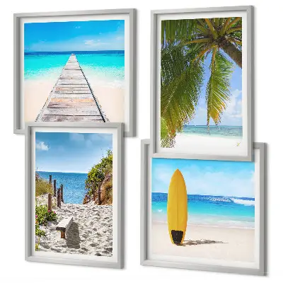 Conjunto de 4 quadros com moldura com estampa de vista de férias, praia e palmeiras
