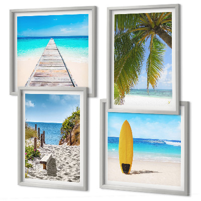Conjunto de 4 quadros com moldura Vista de férias, praia, palmeiras