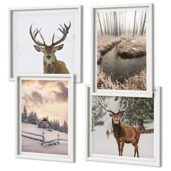 Políptico com moldura Paisagem de inverno com veados