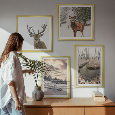 Políptico com moldura Paisagem de inverno com veados