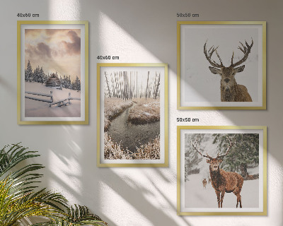 Políptico com moldura Paisagem de inverno com veados