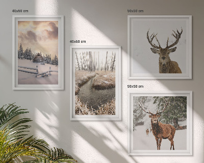 Políptico com moldura Paisagem de inverno com veados