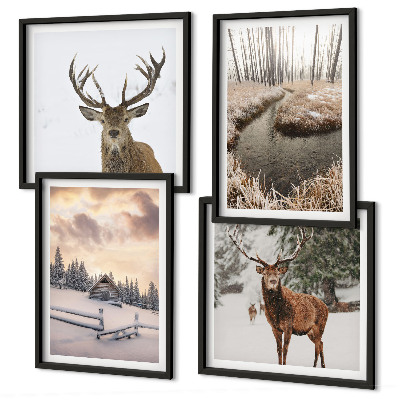 Políptico com moldura Paisagem de inverno com veados