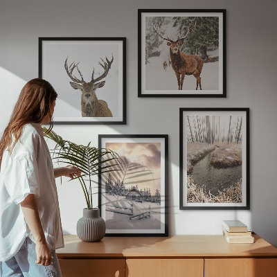 Políptico com moldura Paisagem de inverno com veados