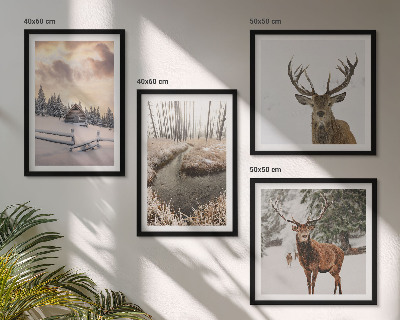 Políptico com moldura Paisagem de inverno com veados
