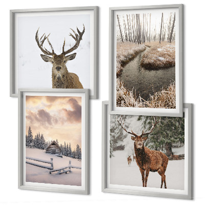 Políptico com moldura Paisagem de inverno com veados