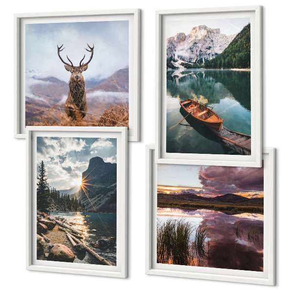 Composição de quadros barco lago montanha pôr do sol veado