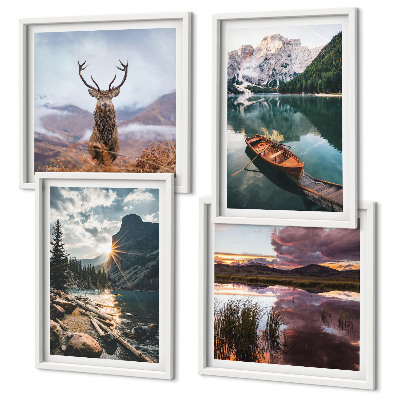 Composição de quadros barco lago montanha pôr do sol veado