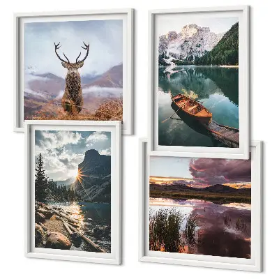 Composição de quadros com paisagem de barco no lago, montanhas e veado ao pôr do sol