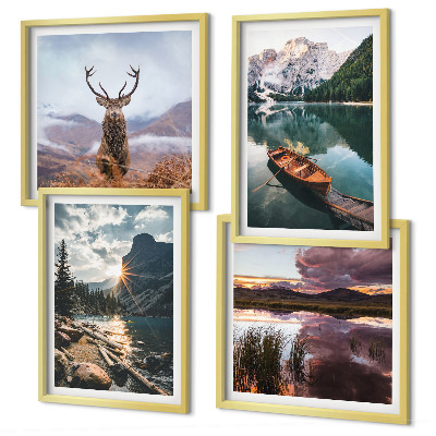 Composição de quadros barco lago montanha pôr do sol veado