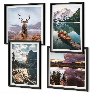 Composição de quadros barco lago montanha pôr do sol veado