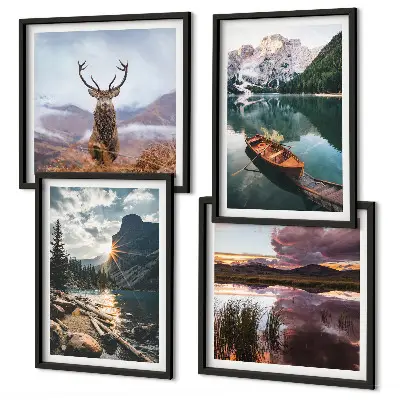 Composição de quadros com paisagem de barco no lago, montanhas e veado ao pôr do sol