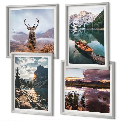 Composição de quadros barco lago montanha pôr do sol veado