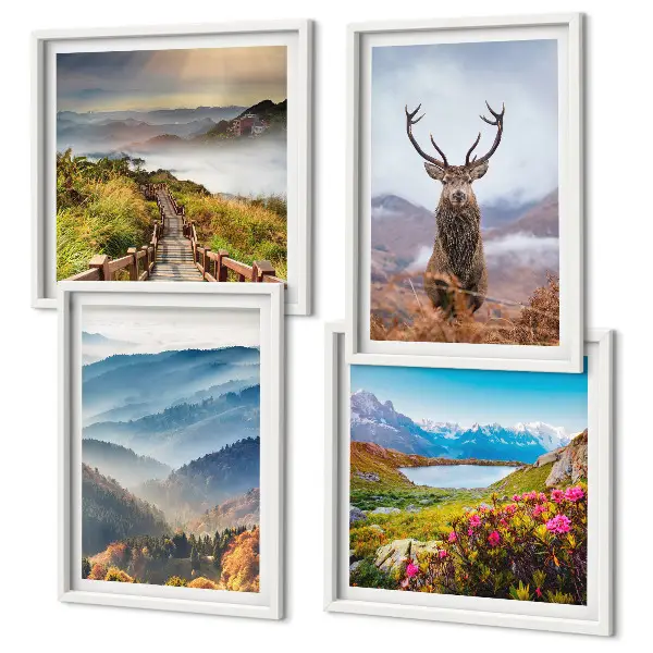 Conjunto de 4 quadros com moldura de paisagem montanhosa com lago e veado