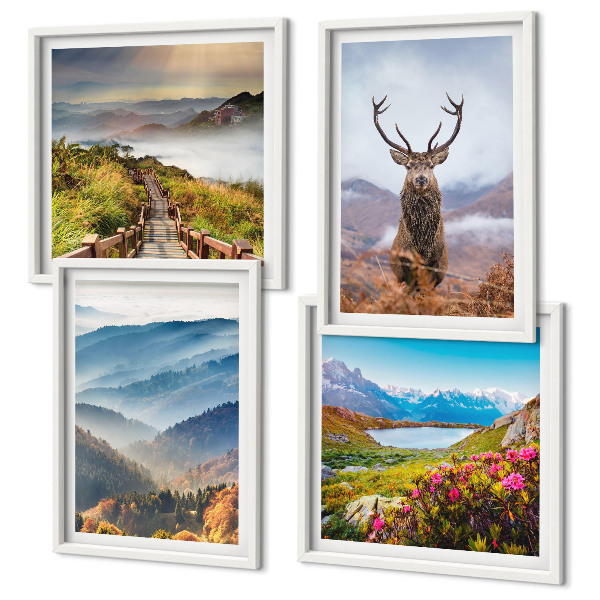 Conjunto de 4 quadros com moldura paisagem montanhosa lago veado