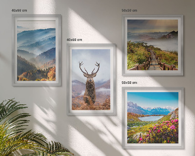 Conjunto de 4 quadros com moldura paisagem montanhosa lago veado