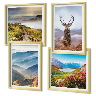 Conjunto de 4 quadros com moldura de paisagem montanhosa com lago e veado
