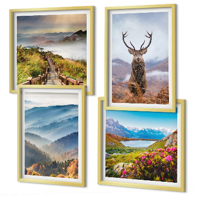Conjunto de 4 quadros com moldura paisagem montanhosa lago veado
