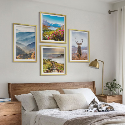 Conjunto de 4 quadros com moldura paisagem montanhosa lago veado