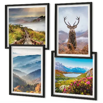 Conjunto de 4 quadros com moldura de paisagem montanhosa com lago e veado