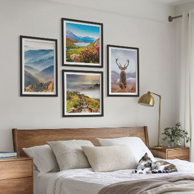 Conjunto de 4 quadros com moldura paisagem montanhosa lago veado
