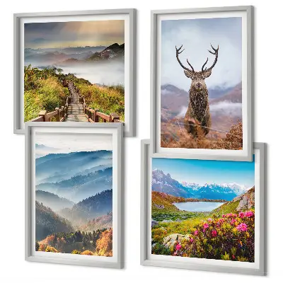 Conjunto de 4 quadros com moldura de paisagem montanhosa com lago e veado