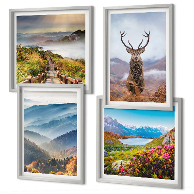 Conjunto de 4 quadros com moldura paisagem montanhosa lago veado