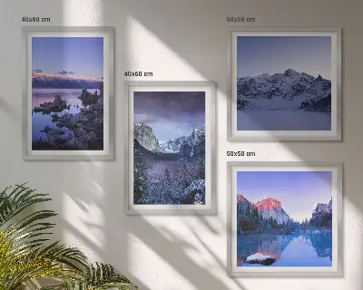 Políptico com moldura paisagens de montanha ao pôr do sol com água