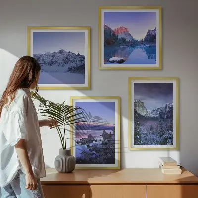 Políptico com moldura paisagens de montanha ao pôr do sol com água