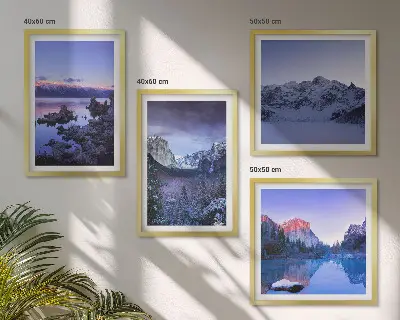 Políptico com moldura paisagens de montanha ao pôr do sol com água