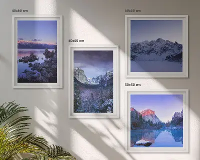 Políptico com moldura paisagens de montanha ao pôr do sol com água
