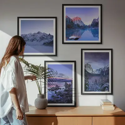 Políptico com moldura paisagens de montanha ao pôr do sol com água