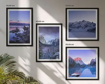 Políptico com moldura paisagens de montanha ao pôr do sol com água