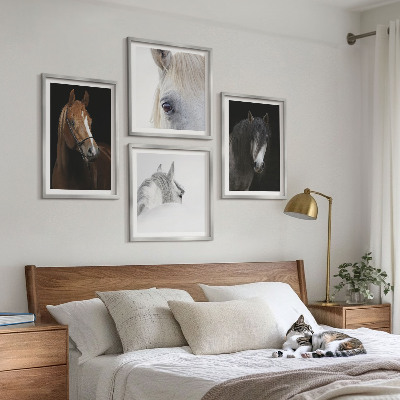 Composição de quadros Retratos de cavalos em tons pastel.