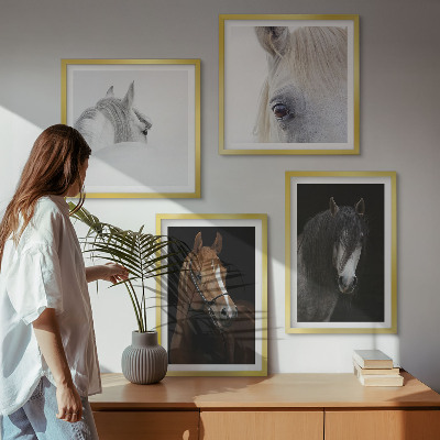 Composição de quadros Retratos de cavalos em tons pastel.