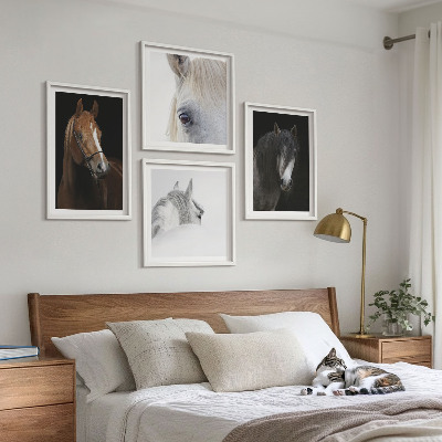 Composição de quadros Retratos de cavalos em tons pastel.