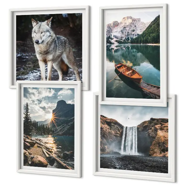Conjunto de 4 quadros com moldura de montanhas, lagos, cachoeira e lobo
