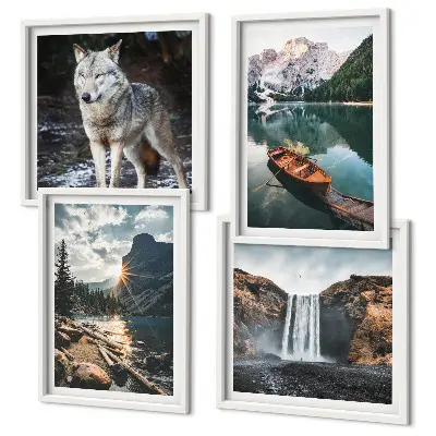Conjunto de 4 quadros com moldura de montanhas, lagos, cachoeira e lobo